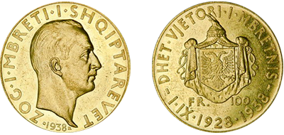 Commemorative 100 Gold Francs "Xth Anniversary of the Kingdom" 1.IX.1928-1938