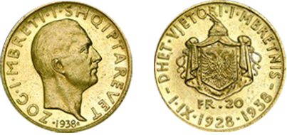 Commemorative 20 Gold Francs "Xth Anniversary of the Kingdom" 1.IX.1928-1938