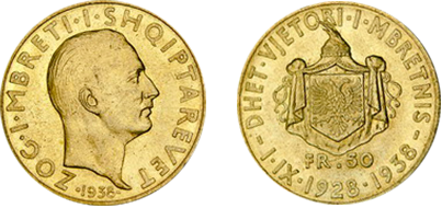 Commemorative 50 Gold Francs "Xth Anniversary of the Kingdom" 1.IX.1928-1938